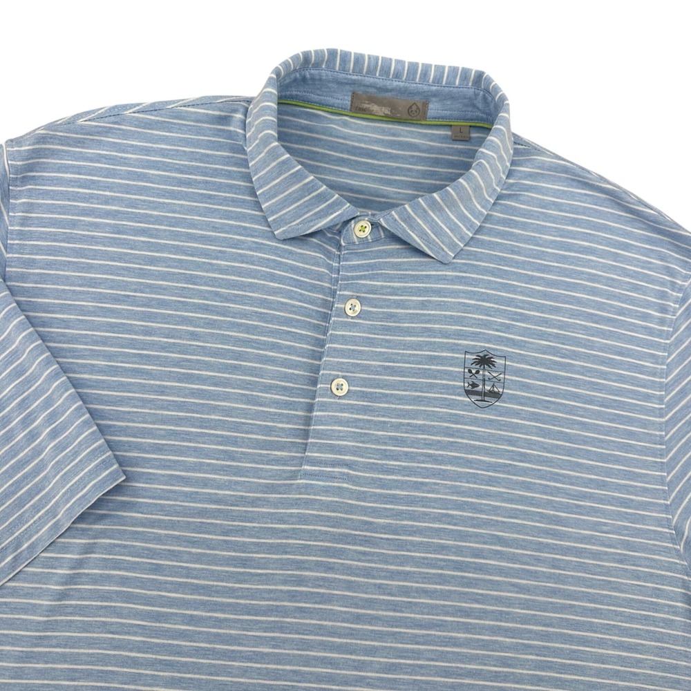 tasc Performance Mens Blue White Striped Polo Shirt‎ Large Palm Tree Crest Logo